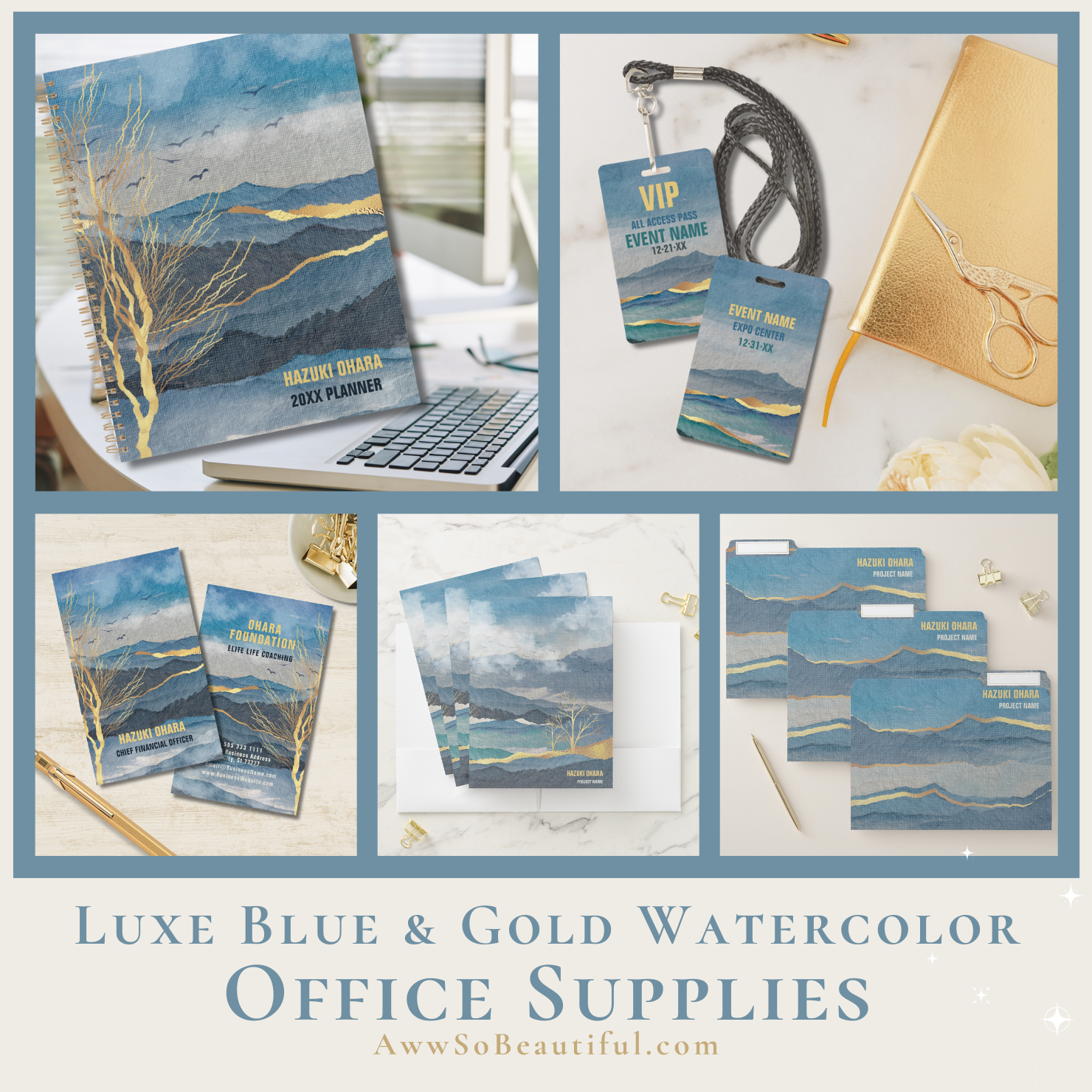 Bring Beauty to Business: Luxe Blue Gold Watercolor Office Supplies